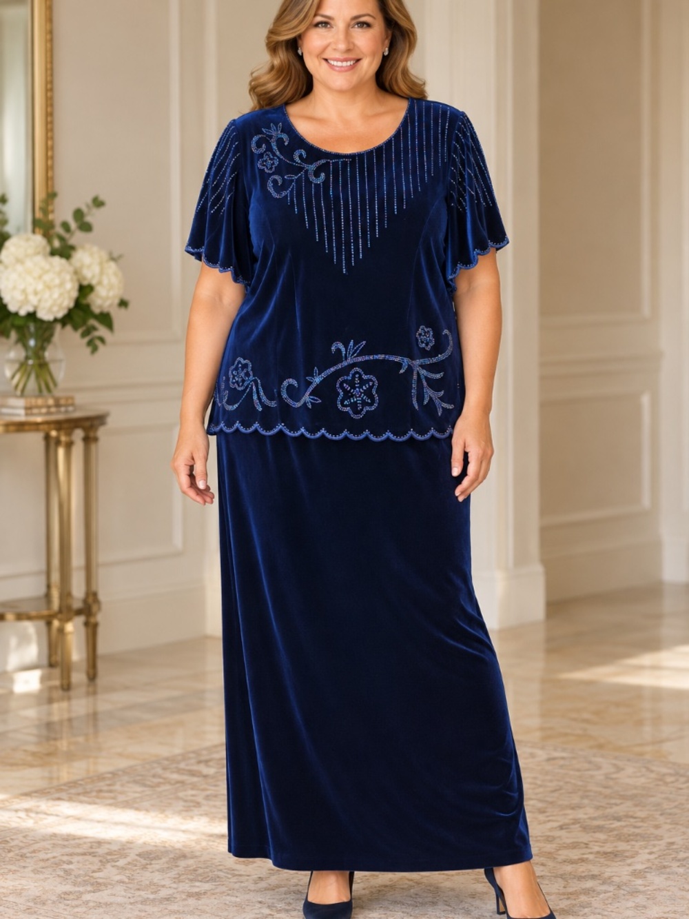 R&M Richards Navy Velvet Beaded Evening Gown Women’s Petite 24WP